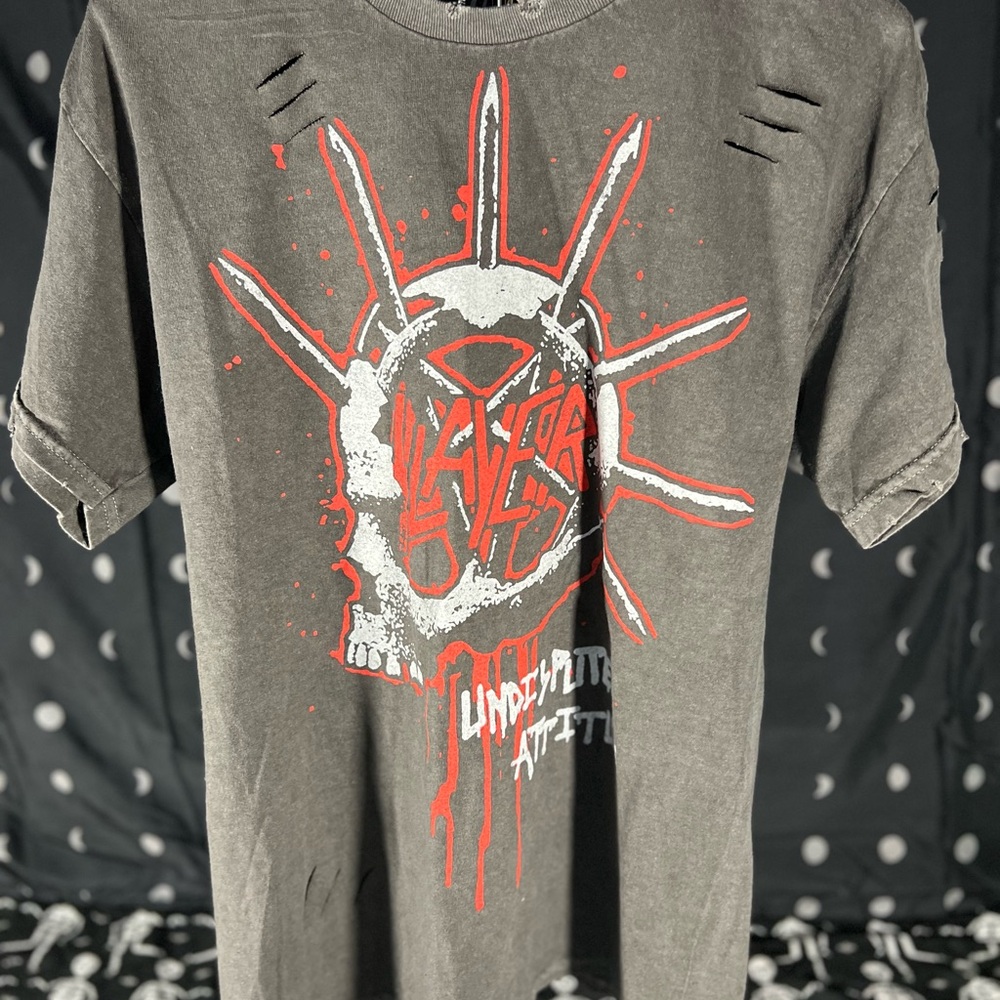 Gray Distressed Short Sleeve Slayer Tee